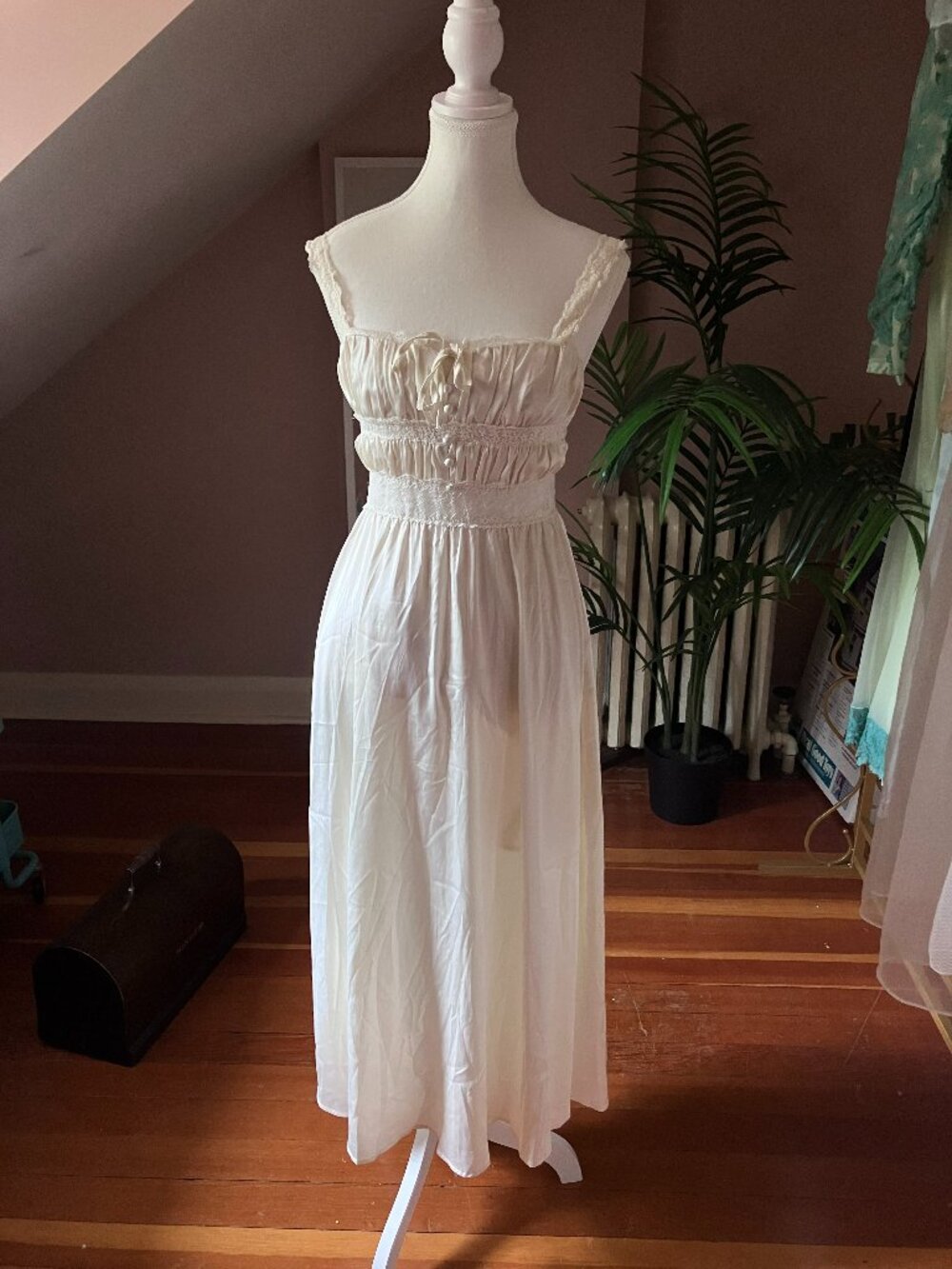 Off white cream maxi length milkmaid peasant dress vintage style slip gown